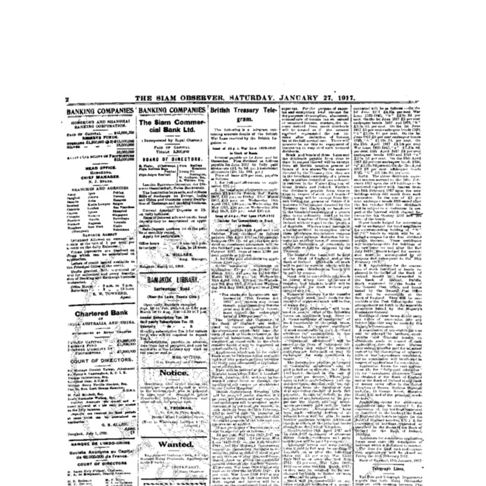 The Siam Observer . Vol.43., No.22 (January 27, 1917)