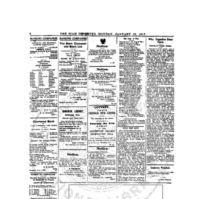 The Siam Observer . Vol.43., No.19 (January 22, 1917)