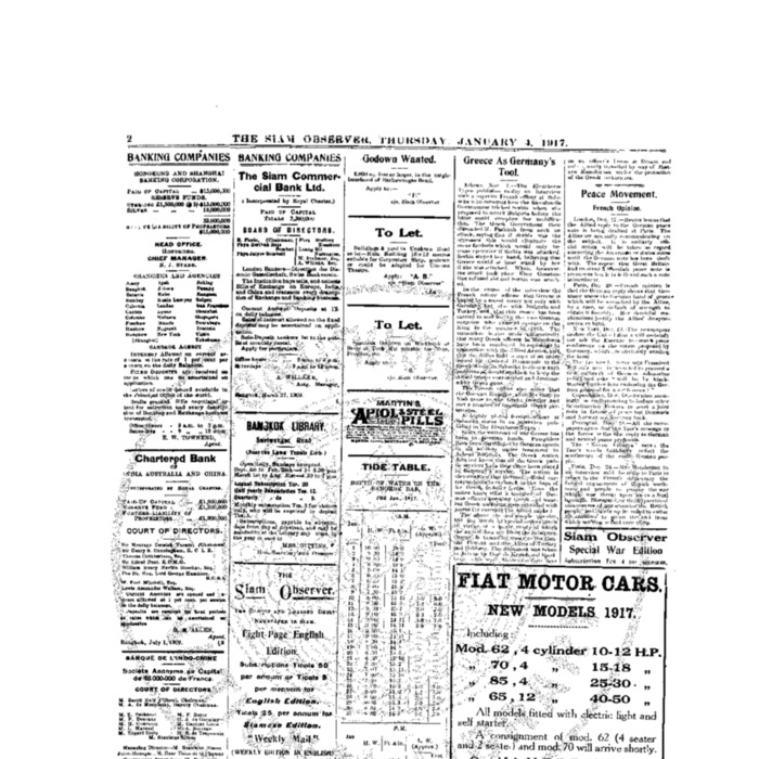 The Siam Observer . Vol.43., No. 3 (January 4, 1917)