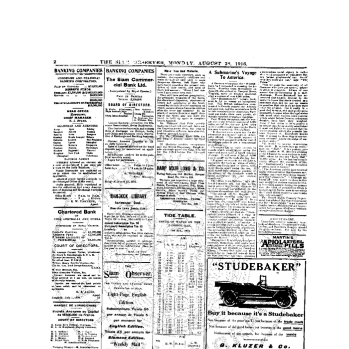 The Siam Observer . Vol.42., No. 192 (August 27, 1916)