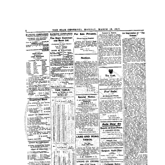 The Siam Observer . Vol.43., No.65 ( March 19, 1917)